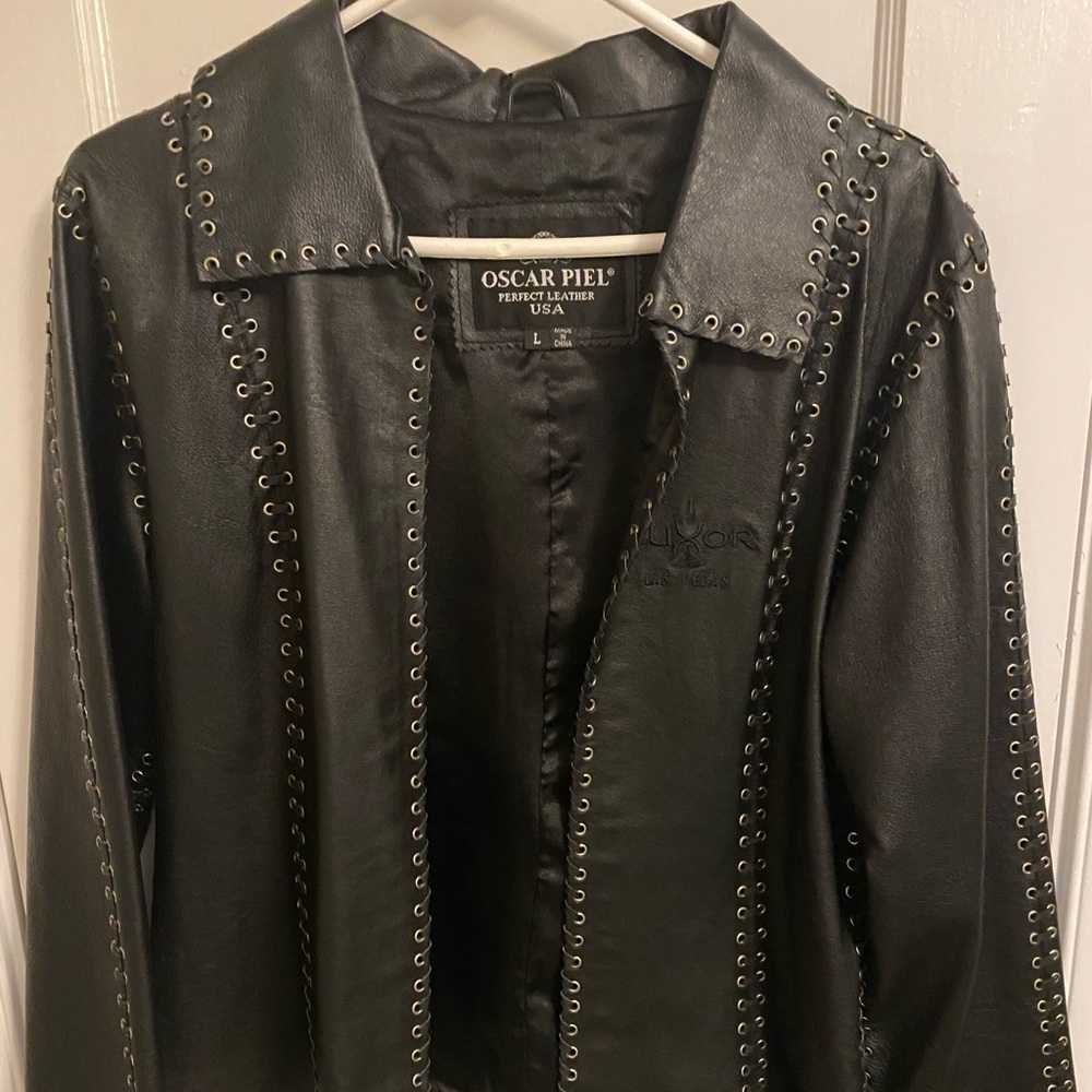 Oscar Piel large black leather Luxor Las Vegas, Nevada jacket with grommets